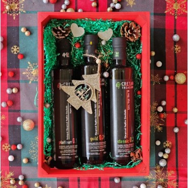 Cretan Treasure Xmas Gift – Wooden tray featuring premium olive oils.